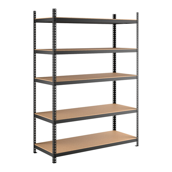 A black heavy-duty boltless shelving unit with five particleboard shelves and metal uprights.