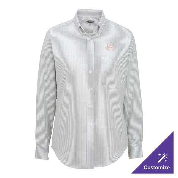 A women's gray striped long sleeve oxford dress shirt in size XL with a customizable logo on the chest.