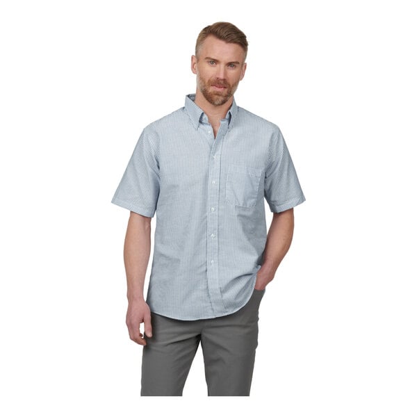A men's short sleeve blue striped dress shirt with a button-down collar and front pocket.