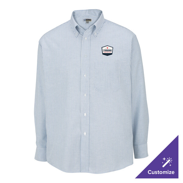 A men's blue striped long sleeve oxford dress shirt with a button-down collar and a customizable logo on the chest.
