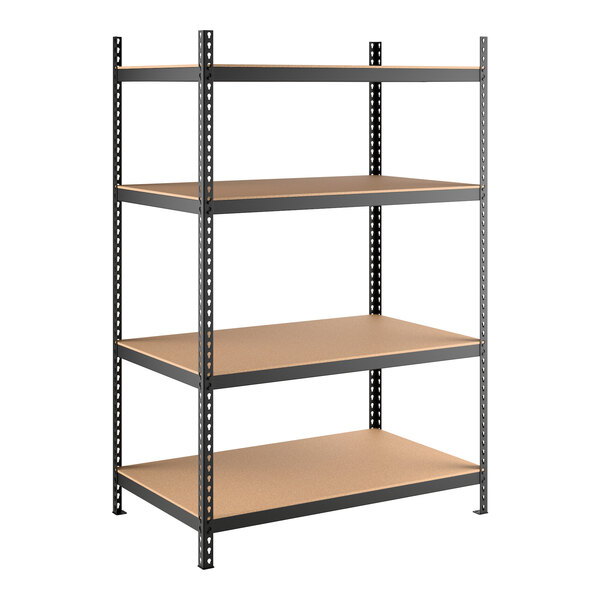 A black heavy-duty boltless shelving unit with four particleboard shelves and metal uprights.