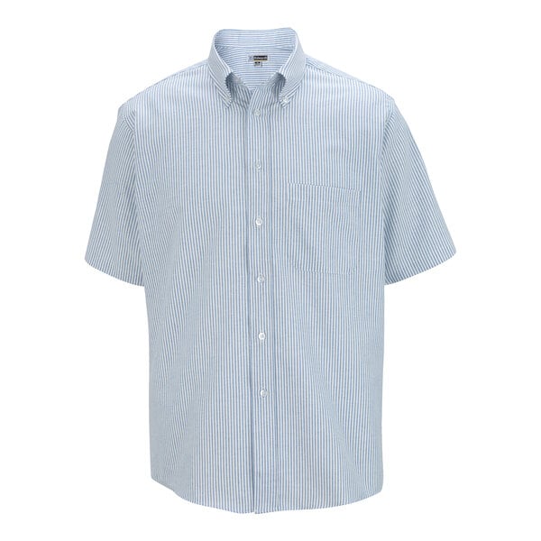 A men's blue and white striped short sleeve button-up dress shirt with a collar and chest pocket.