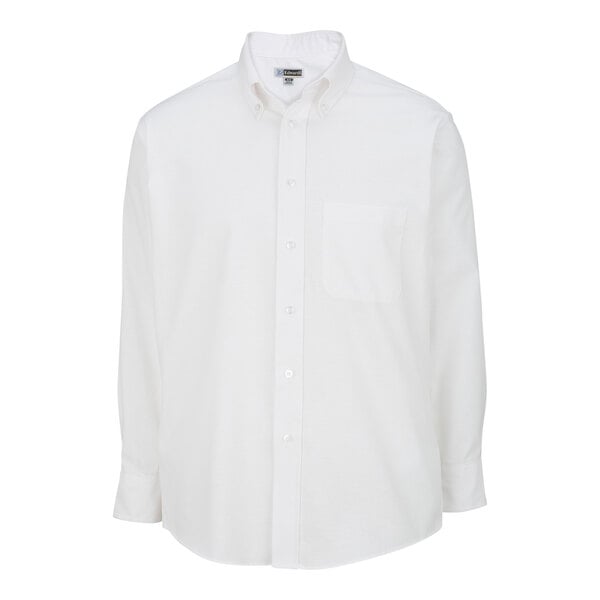 A close up of a white Edwards dress shirt with a button up collar and a pocket.