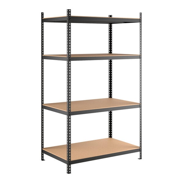 A black heavy-duty boltless shelving unit with four particleboard shelves and metal uprights.