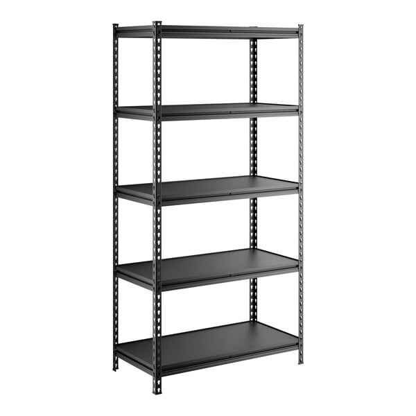 A black five-shelf boltless laminate shelving unit with metal uprights.