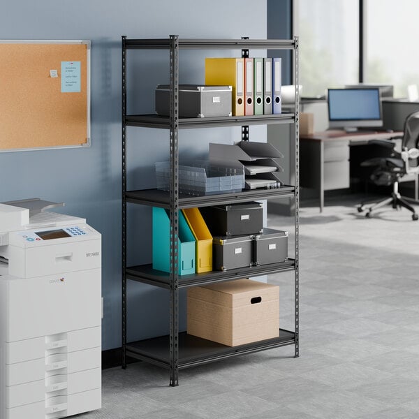 A black five-shelf boltless laminate shelving unit with 72-inch uprights, used for office storage and organization.
