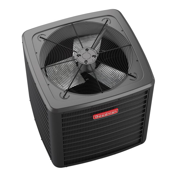 A black square Goodman split heat pump with a fan.