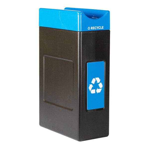 A black Commercial Zone rectangular recycling bin with a blue recycle symbol.