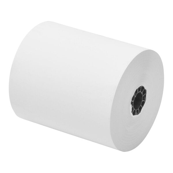 A close-up of a roll of white Point Plus thermal paper.