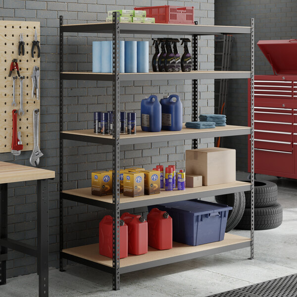 A black heavy-duty five-shelf boltless particle board shelving unit with various items stored on the shelves.