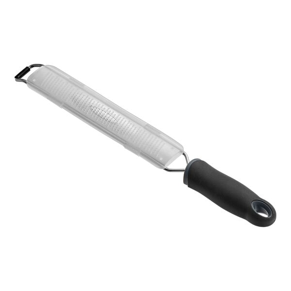 A handheld grater zester with a black handle and a long, narrow grating surface.