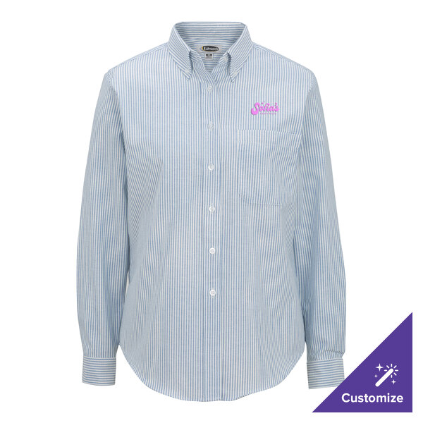 A women's extra small blue striped long sleeve oxford dress shirt with a customizable logo on the chest.