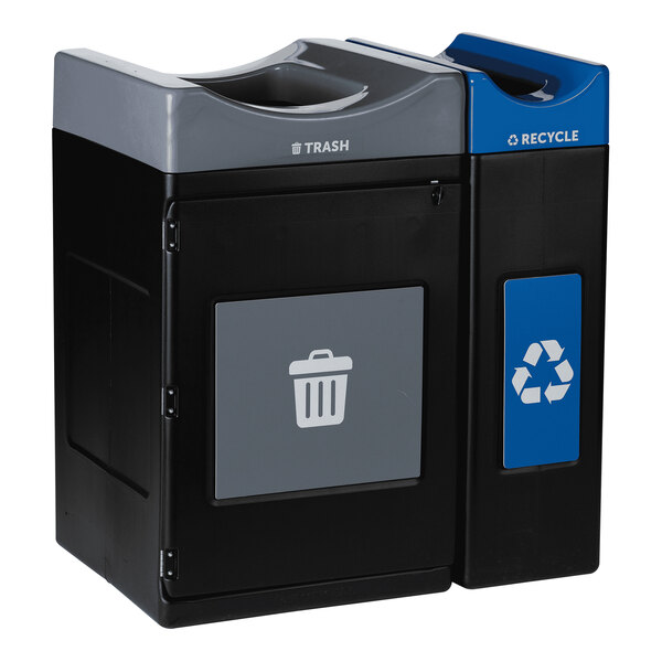 A black and blue recycling bin with a blue lid and a grey frame with black accents.