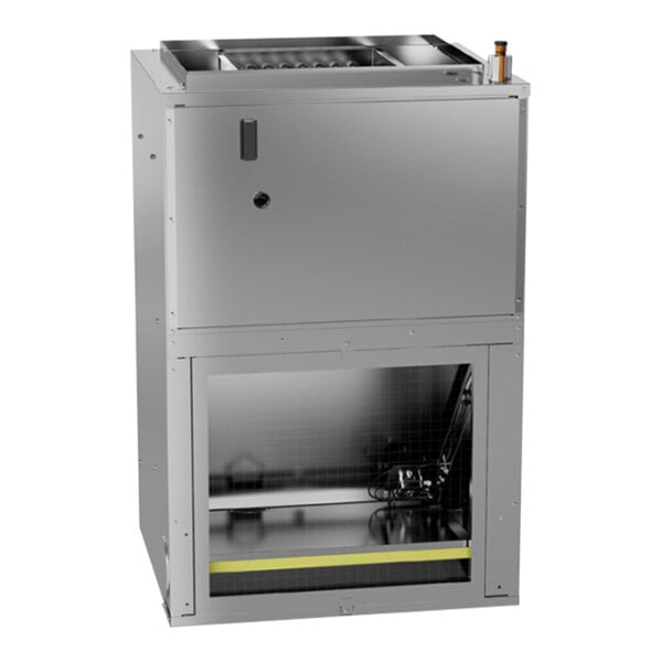 A metal cabinet with a door open.