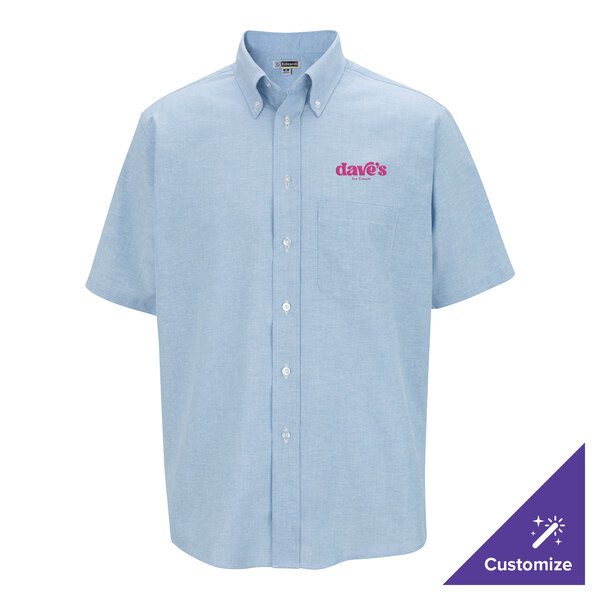 A light blue short sleeve men's oxford dress shirt with a button-down collar, front pocket, and customizable logo on the chest.