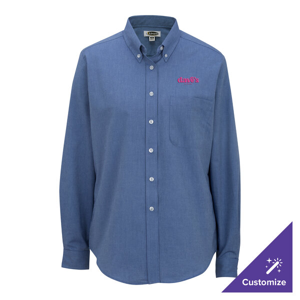 A women's large French blue long sleeve oxford dress shirt with a button-down collar, front pocket, and customizable embroidery on the chest.