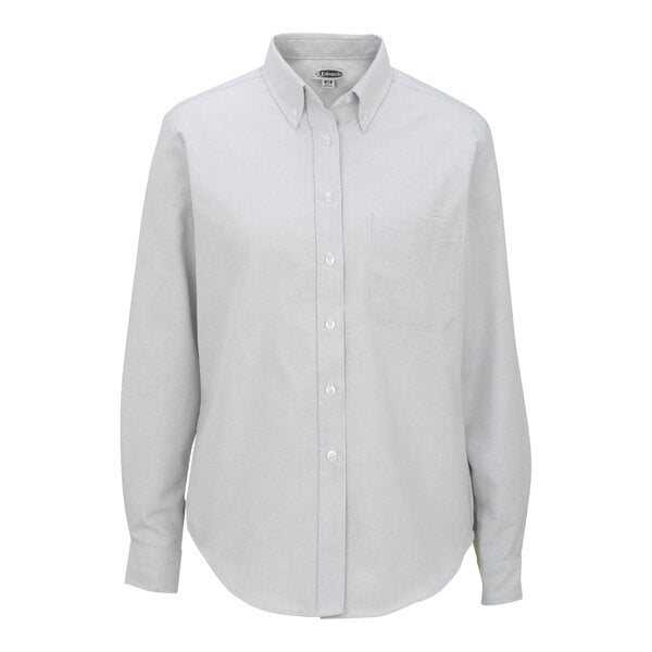 A women's light gray long sleeve oxford dress shirt with a button-down collar and front pocket.