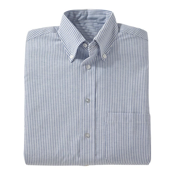 A folded blue and white striped Edwards dress shirt.