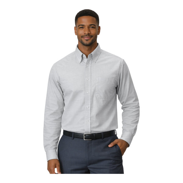 A men's light gray long sleeve oxford dress shirt with a button-down collar and chest pocket.
