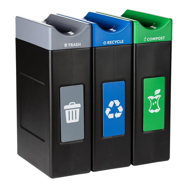 A group of Commercial Zone Avante rectangular recycling bins in green, blue, and black with recycling symbols.