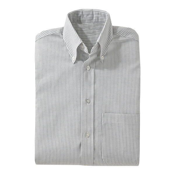 A folded Edwards Men's Gray Stripe Oxford Dress Shirt with a pocket and button.