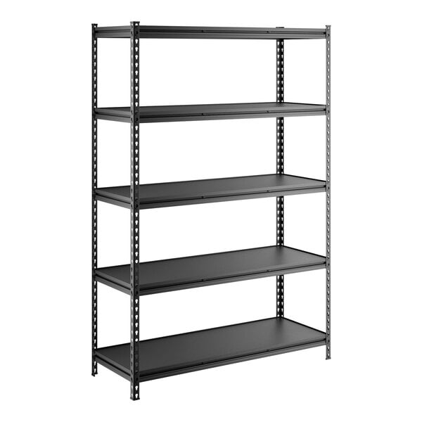 A black five-shelf boltless laminate shelving unit with metal uprights.