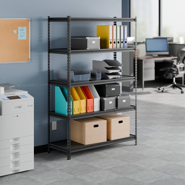 A black five-shelf boltless laminate shelving unit with double rivet construction and 72-inch uprights, used for office storage.