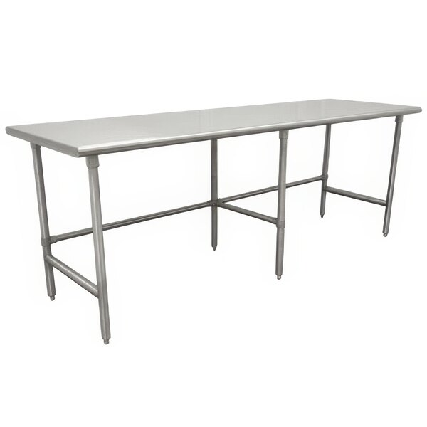 A long stainless steel work table with galvanized steel legs.