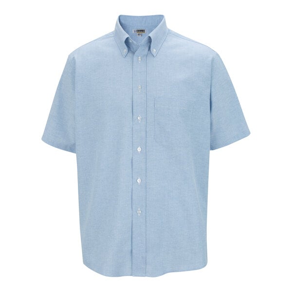 A light blue men's short sleeve button-up dress shirt with a front pocket and button-down collar.