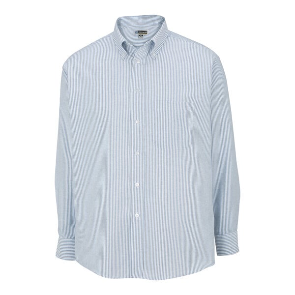 A close-up of a large men's blue and white striped Edwards Oxford dress shirt with a button down collar.