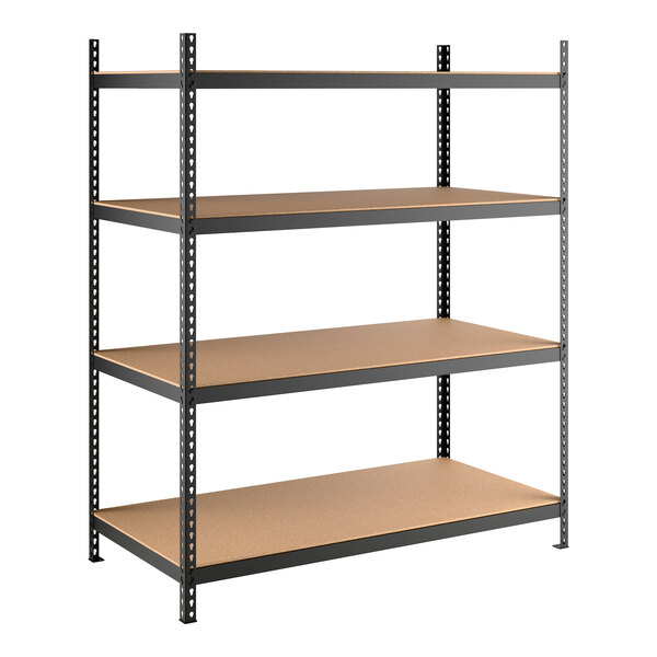A black heavy-duty boltless shelving unit with four particleboard shelves and metal uprights.