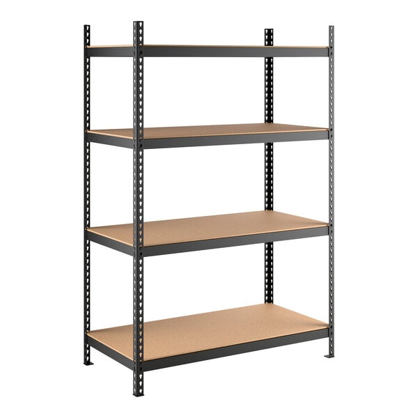 A black heavy-duty boltless shelving unit with four particleboard shelves and 72-inch uprights.
