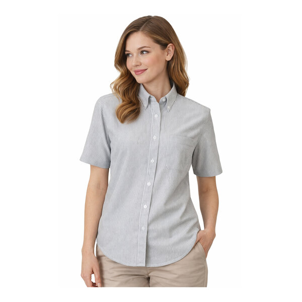 A women's gray stripe short sleeve button-up oxford dress shirt.