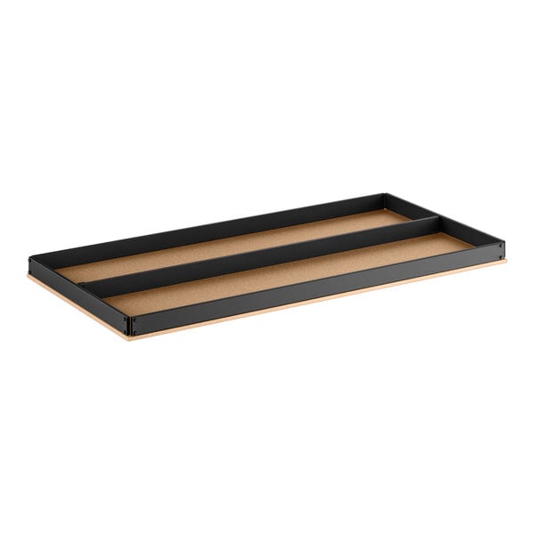 A set of black heavy-duty beam particleboard shelves designed for 24" x 48" 5-shelf boltless shelving units.