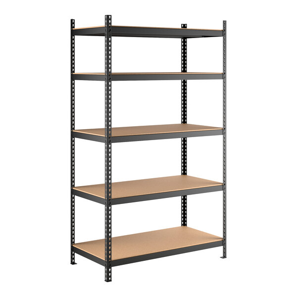 A black heavy-duty boltless shelving unit with five particleboard shelves and tall metal uprights.