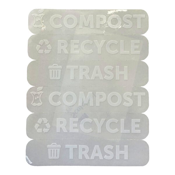 A sheet of white decals labeled 'COMPOST,' 'RECYCLE,' and 'TRASH' for use on modular container lids.