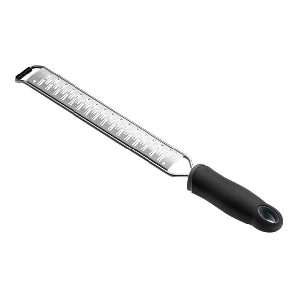 A metal ribbon grater with a black handle.