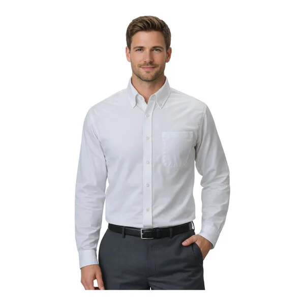 A men's white long sleeve oxford dress shirt with a front pocket and button-down collar.
