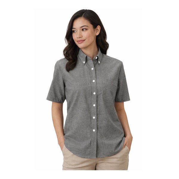 A women's gray short sleeve button-up oxford dress shirt.