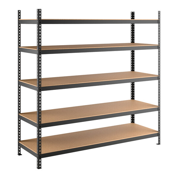A black heavy-duty boltless shelving unit with five particleboard shelves and metal uprights.