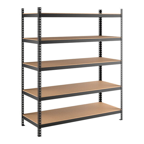 A black heavy-duty boltless shelving unit with five particleboard shelves and metal uprights.