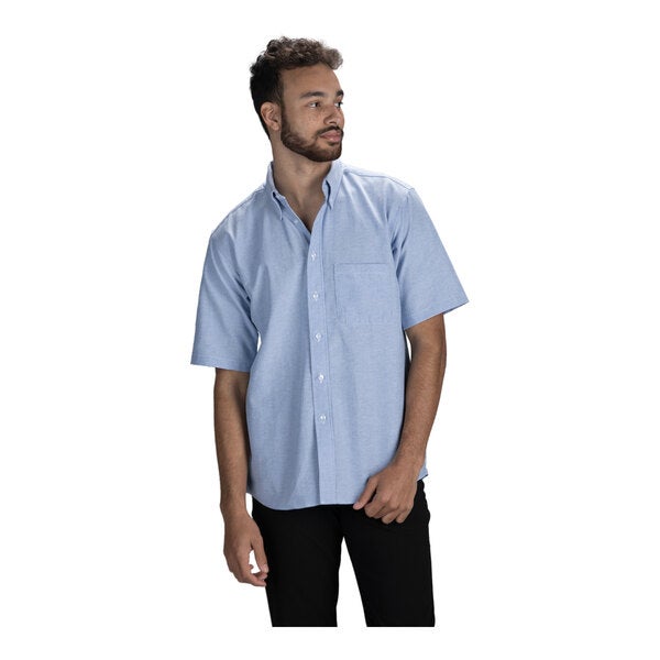 A men's light blue short sleeve button-up dress shirt with a chest pocket.