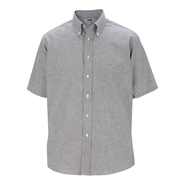 A men's gray short sleeve button-up oxford dress shirt with a front pocket and button-down collar.