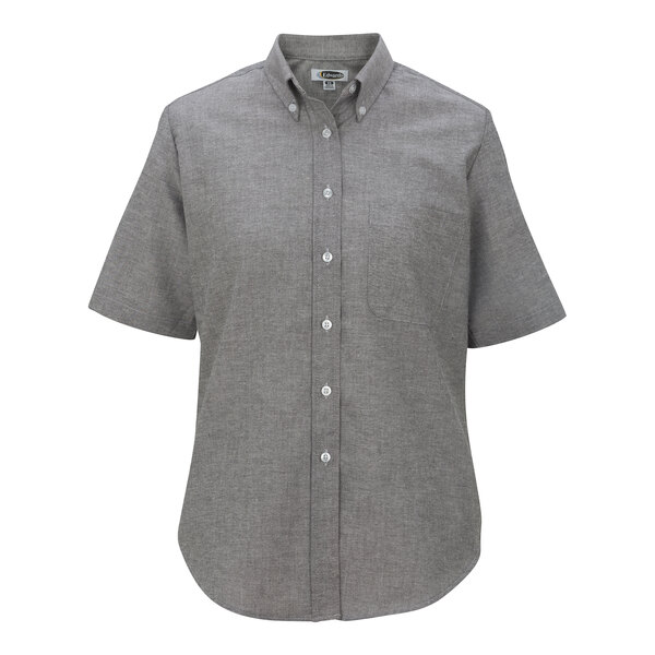 A grey Edwards women's short sleeve Oxford dress shirt with a buttoned collar.
