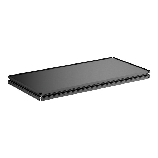 A set of black rectangular laminate shelves designed for boltless shelving units.