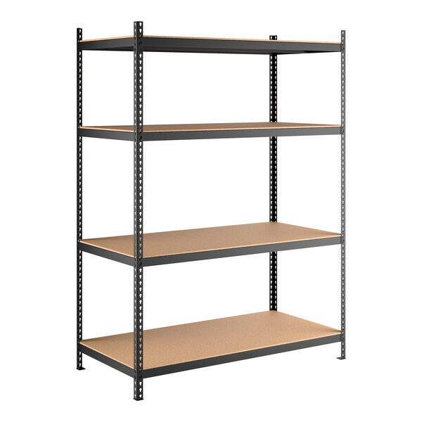 A black heavy-duty boltless shelving unit with four particleboard shelves and metal uprights.
