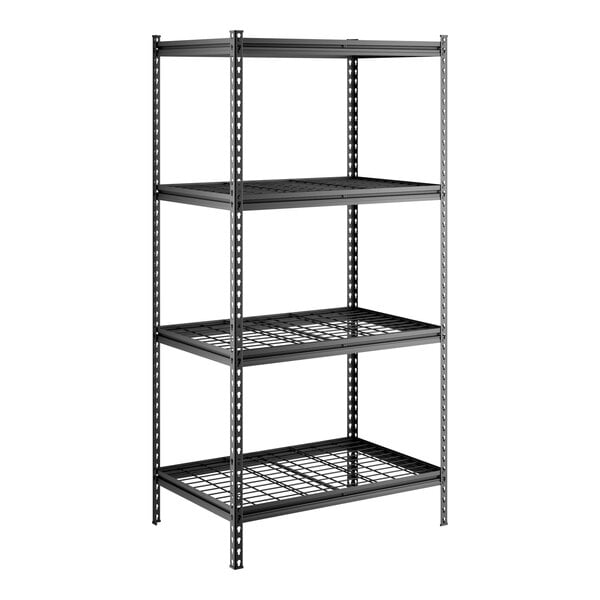 A black metal 4-shelf boltless wire shelving unit with Z-beam construction and 72-inch uprights.