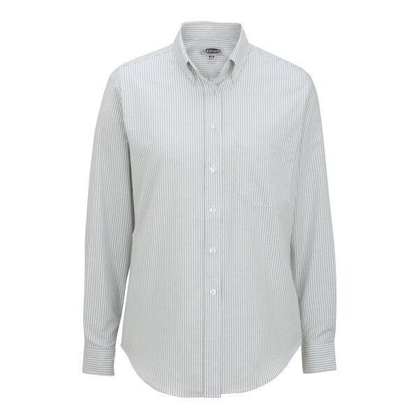 A close up of Edward's Women's Gray Stripe Long Sleeve Oxford Dress Shirt.