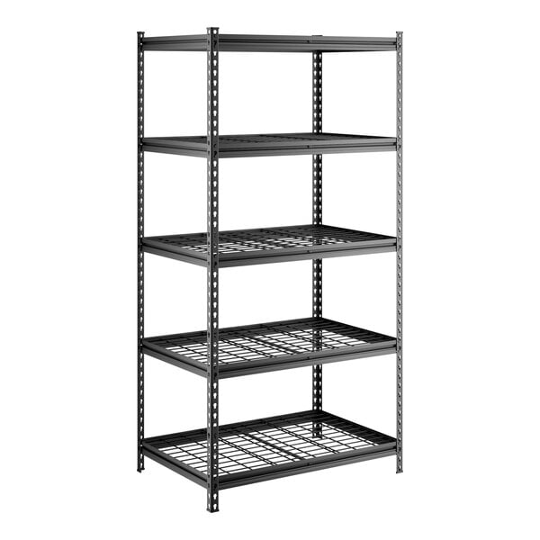 A black metal 5-shelf boltless wire shelving unit with Z-beam construction and 72-inch uprights.
