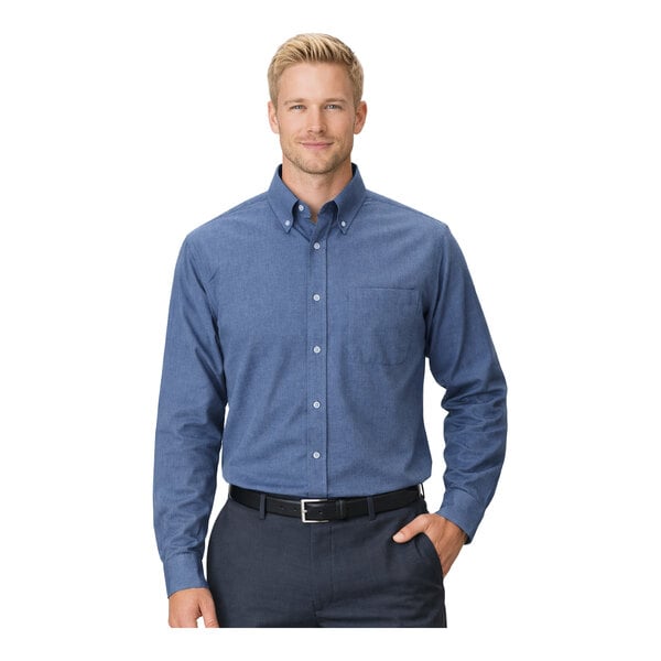 A men's long sleeve French blue oxford dress shirt with a button-down collar and front pocket.